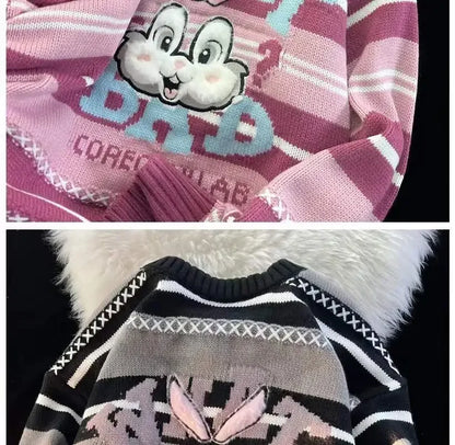 Sweet cool bunny striped knitted sweater for women in autumn and winter loose outer wear lazy style soft and waxy milk kawaii Street King Limited