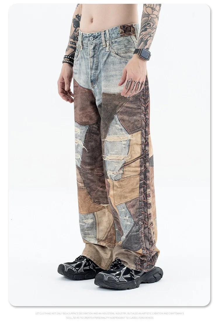 2024 autumn and winter new stitching ripped jeans Street King Limited