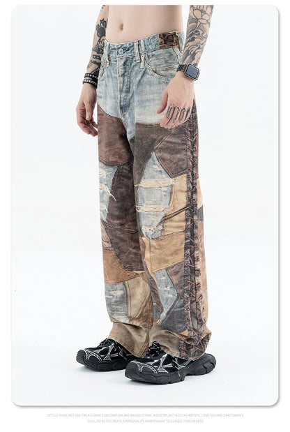 2024 autumn and winter new stitching ripped jeans Street King Limited