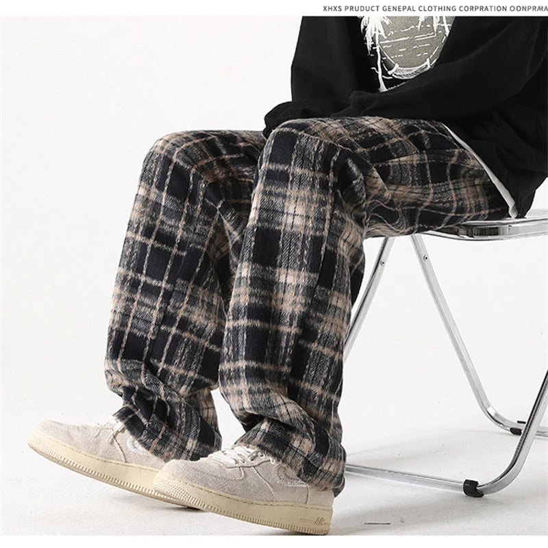 new mens y2k plaid casual baggy trousers autumn korean fashion straight woolen pants y2k vintage streetwear pantalones hombre unique default style 418