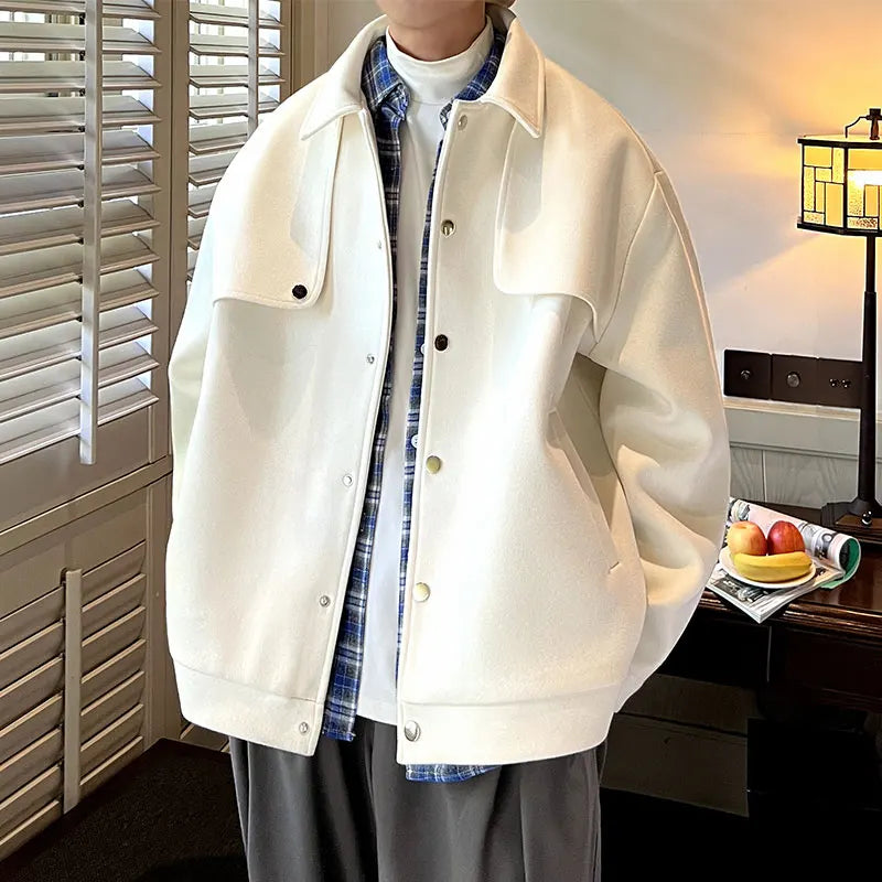 Winter Short Woolen Coat Men Warm Retro Thickened Woolen Jacket Men Streetwear Korean Loose Woolen Coat Mens Oversized Overcoat Street King Limited