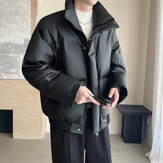 Winter Stand Collar Thicken Leather Short Jacket Men Fashion Loose Casual Warm Cotton-padded PU Leather Bomber Jacket Parka Coat Street King Limited