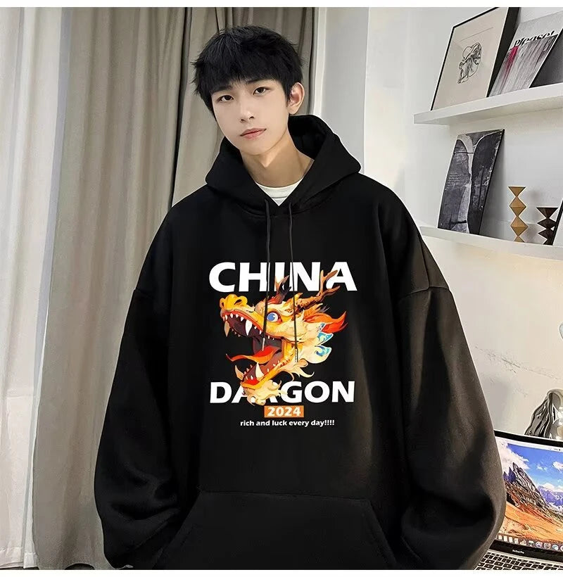 2024 New China Dragon Graphic Hoodies Men Hip Hop Streetwear Hoodie Sweatshirt Harajuku Fleece Printed Pullover Hoody Clothes Street King Limited