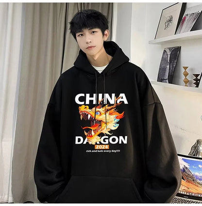 2024 New China Dragon Graphic Hoodies Men Hip Hop Streetwear Hoodie Sweatshirt Harajuku Fleece Printed Pullover Hoody Clothes Street King Limited
