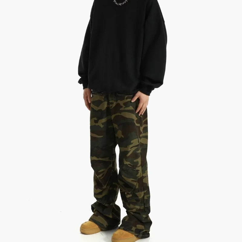 2024 High Street Mens Camouflage Straight Leg Jeans American Trend Tooling Denim Pants Zipper Multiple Pockets Cowboy Trousers Street King Limited