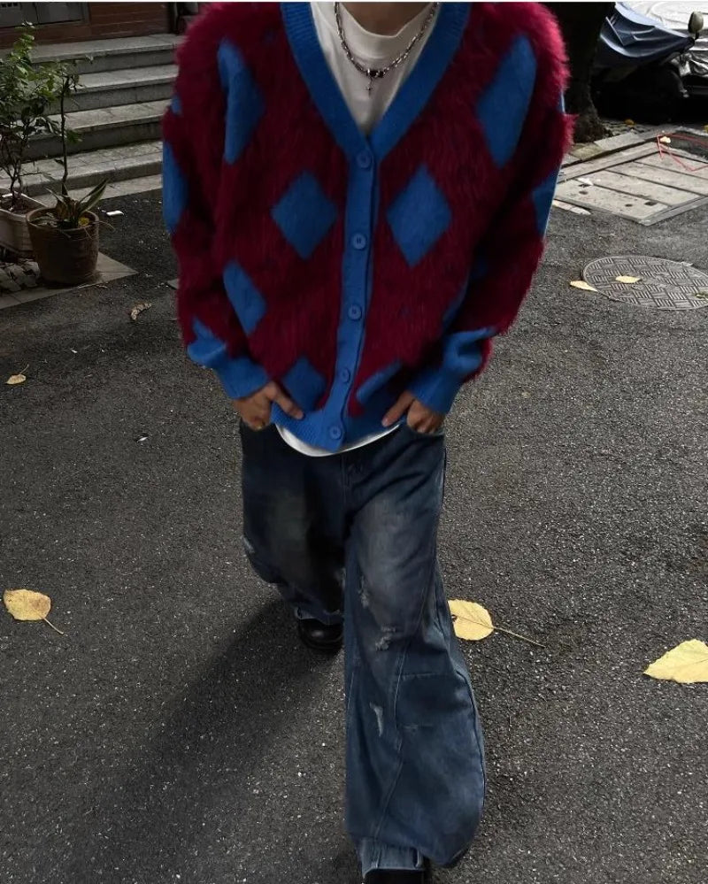 2024 New College Casual Mens Cardigan Autumn Diamond Grid Color Block Street Unisex Knitted Jacket Loose V-neck Sweater Coats Street King Limited