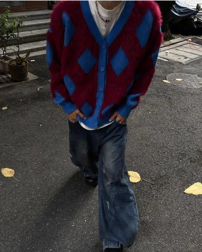 2024 New College Casual Mens Cardigan Autumn Diamond Grid Color Block Street Unisex Knitted Jacket Loose V-neck Sweater Coats Street King Limited