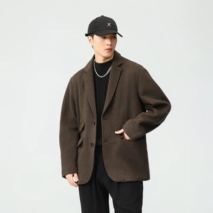 men autumn winter streetwear fashion retro wool thick blazer jacket commuter business casual plus size suit coat outerwear minimalist street pants