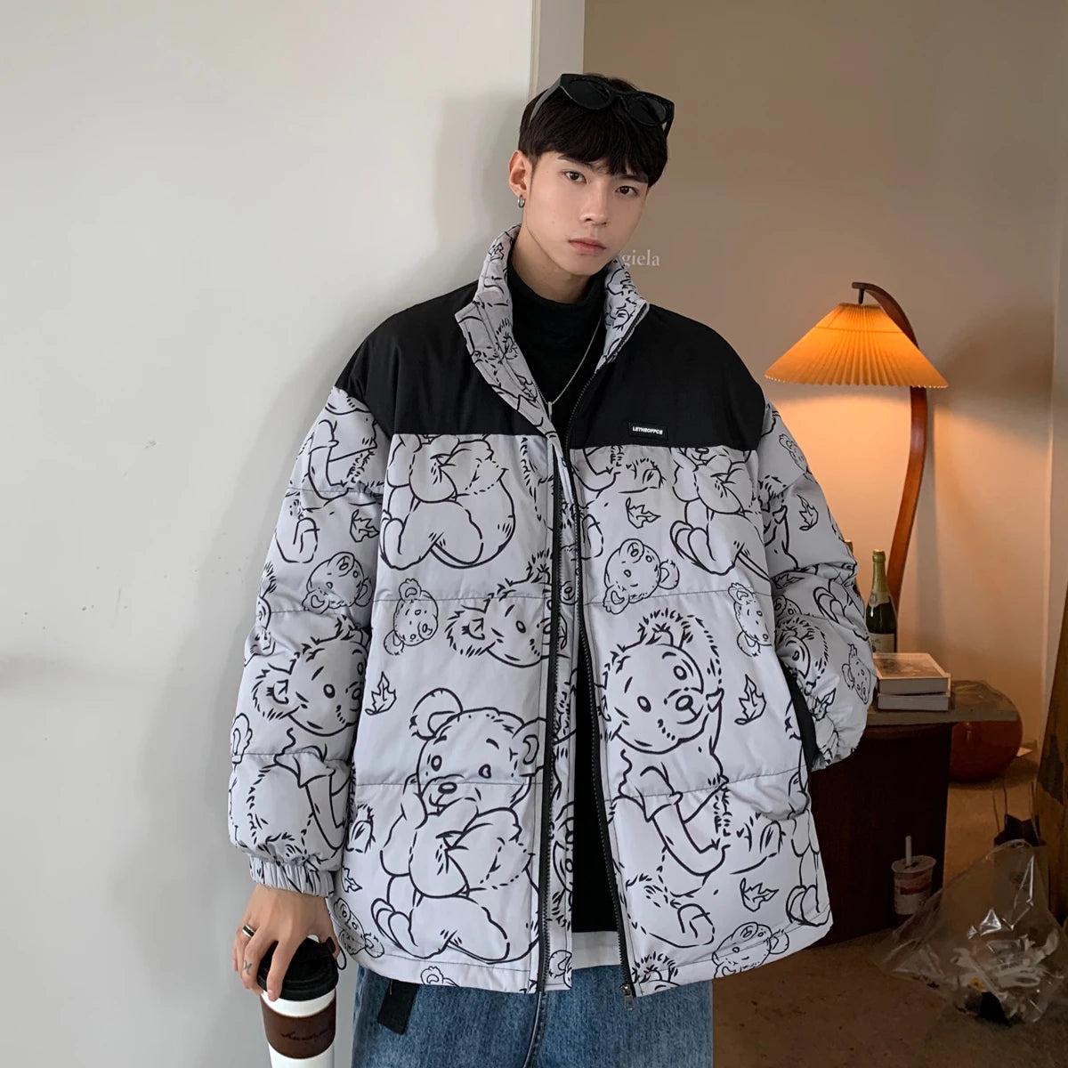 Men Japanese Streetwear Puffer Jackets 2023 Winter Mens Full Print Fashions Bubble Coat Couple Patchwork Thick Parkas Street King Limited