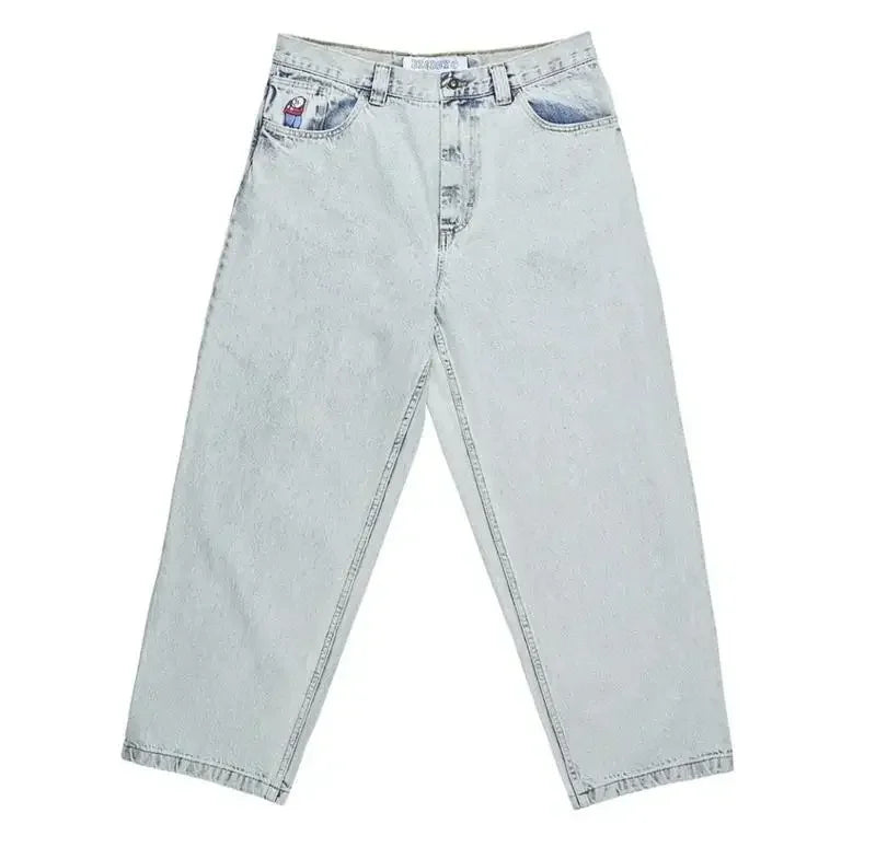 retro deep blue polar big boy baggy jeans mens women gothic wide leg trouser y2k hip hop cartoon embroidery streetwear jeans unique jeans style 3880