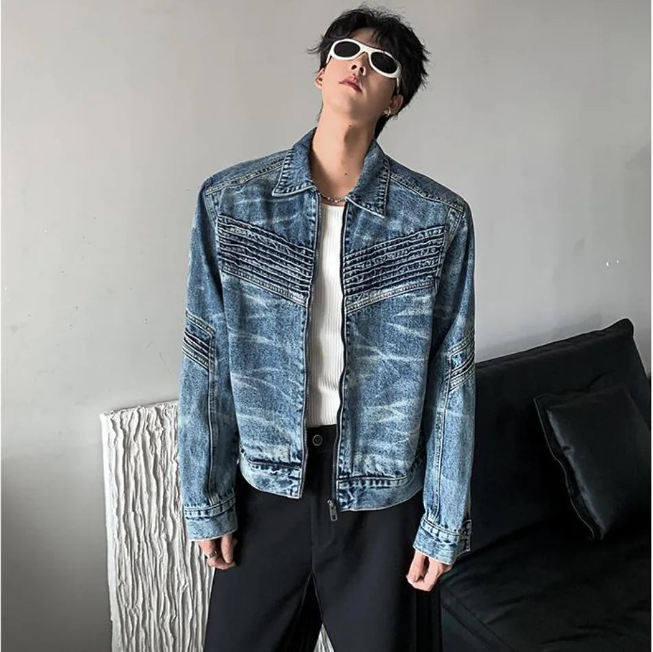 vintage washed mens denim jacket heavy weight high street contour pleat design cowboy coats short motorcycle hip hop outwear unique jeans style 3696