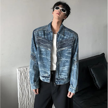 vintage washed mens denim jacket heavy weight high street contour pleat design cowboy coats short motorcycle hip hop outwear unique jeans style 3696