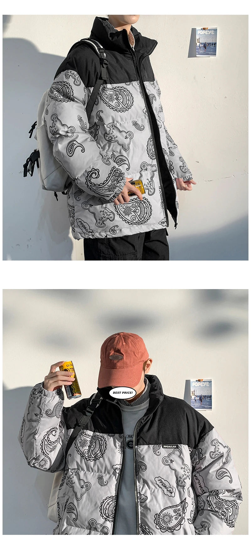 Men Japanese Streetwear Puffer Jackets 2023 Winter Mens Full Print Fashions Bubble Coat Couple Patchwork Thick Parkas Street King Limited