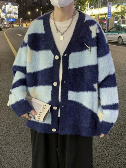 Knitted Cardigan Sweater Men Women Autumn Patchwork Knitted Jumpers Harajuku Loose Hip Hop Streetwear Y2K Star Pattern Jackets Street King Limited