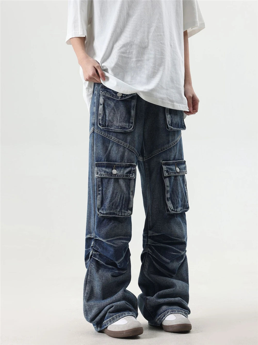 2024 multi pocket jeans vintage mens harajuku cargo denim pants retro hip hop straight loose jean pants 1 unique cargo style 235