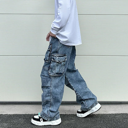 fashion loose streetwear cargo denim jeans unisex casual multi pocket wide legs jean pants hip hop joggers mens baggy jeans unique joggers style 1957