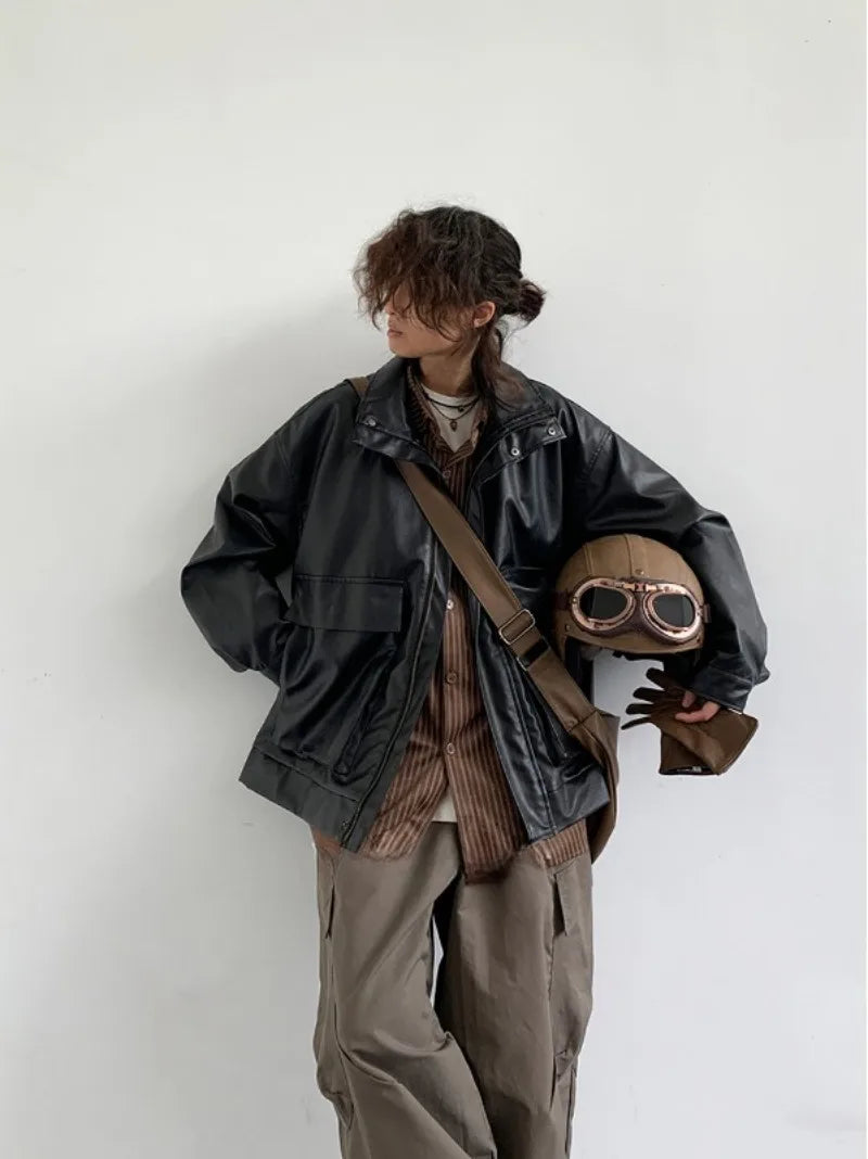 japanese spring pu leather jacket mens high street black profile tooling pilot jacket loose standing collar motorcycle outwear unique default style 2073