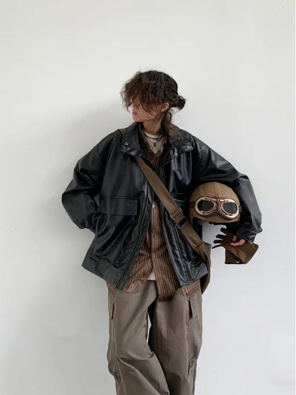 japanese spring pu leather jacket mens high street black profile tooling pilot jacket loose standing collar motorcycle outwear unique default style 2073