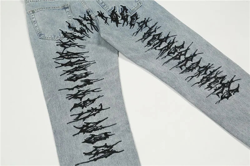 fashion back letters embroidery denim jeans mens casual zipper straight harajuku jean trouser hip hop streetwear pants joggers unique joggers style 4437