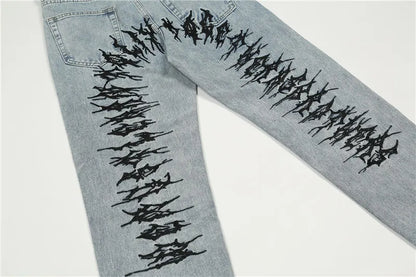 fashion back letters embroidery denim jeans mens casual zipper straight harajuku jean trouser hip hop streetwear pants joggers unique joggers style 4437