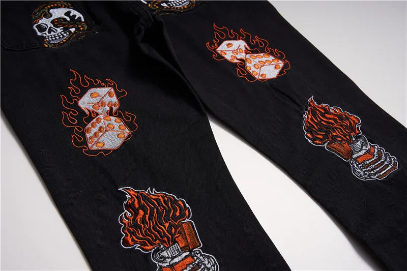 fashion back skull letters embroidery denim flare jeans mens zipper straight trouser hip hop streetwear pants joggers jeans men unique joggers style 5095