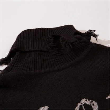 Half High Collar Goth Women Men Sweaters Oversized Long Sleeve Knitted Pullovers Y2k Men Ripped Sweater Harajuku Streetwear Tops Street King Limited