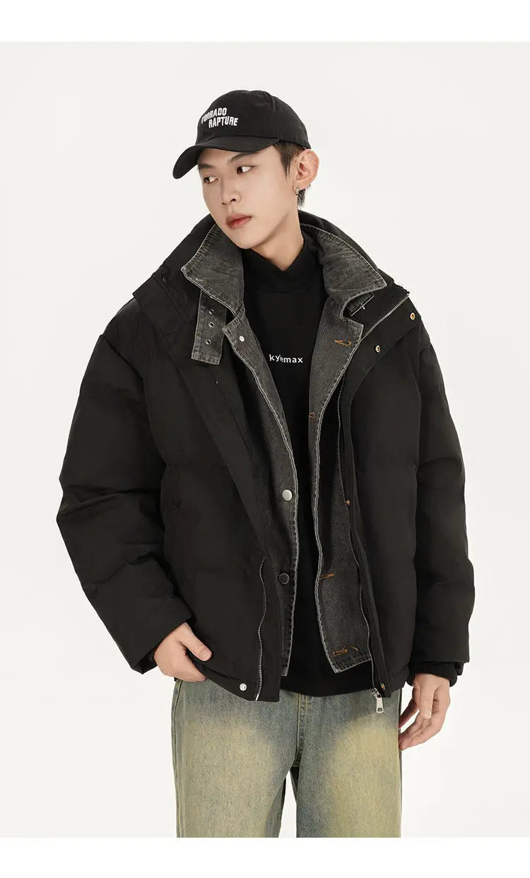 Winter Splice Denim Cotton-padded Jacket Men Women Stand Collar Fashion Loose Casual Thicken Warm Parkas Jacket Boyfriend Coat Street King Limited