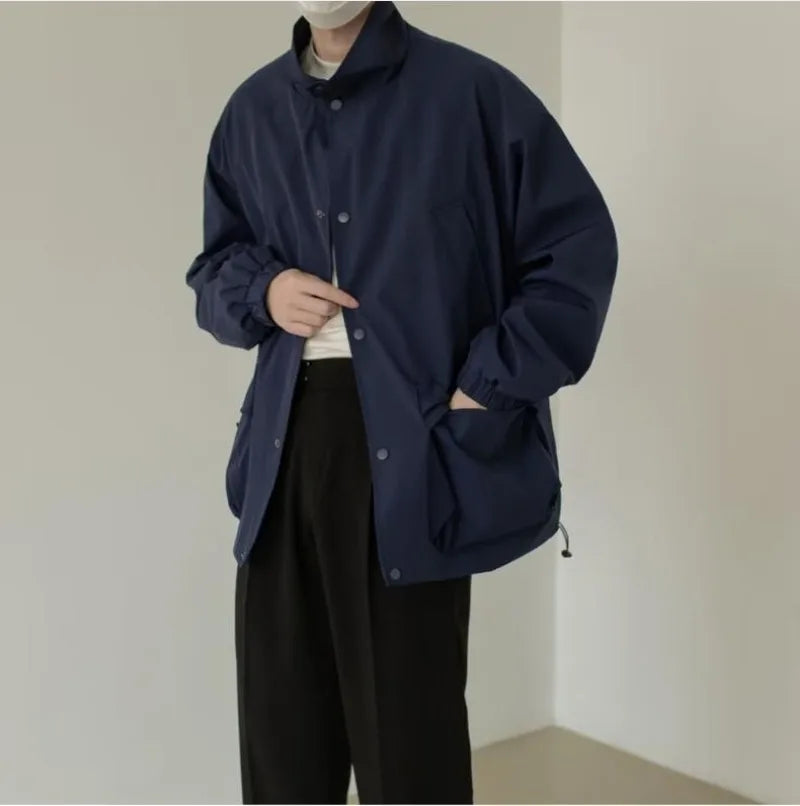 japanese spring jacket mens single breasted stand collar harajuku unisex coats solid big pocket drawstring casual men outwear unique default style 1883