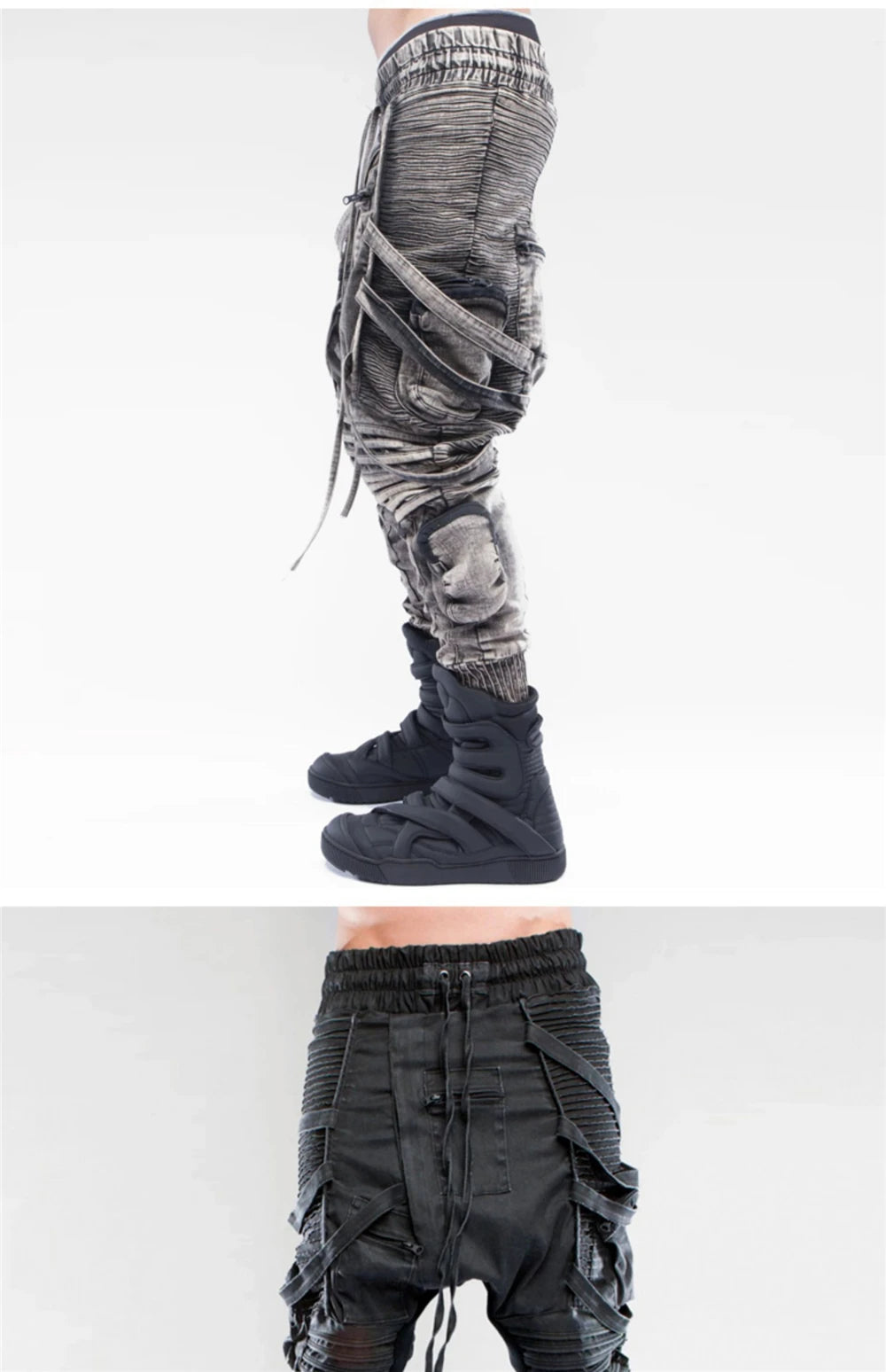 vintage motorcycle trousers joggers mens asymmetric straped pleated cross pants function elastic waist trousers unique joggers style 3590