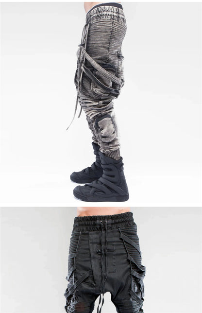 vintage motorcycle trousers joggers mens asymmetric straped pleated cross pants function elastic waist trousers unique joggers style 3590