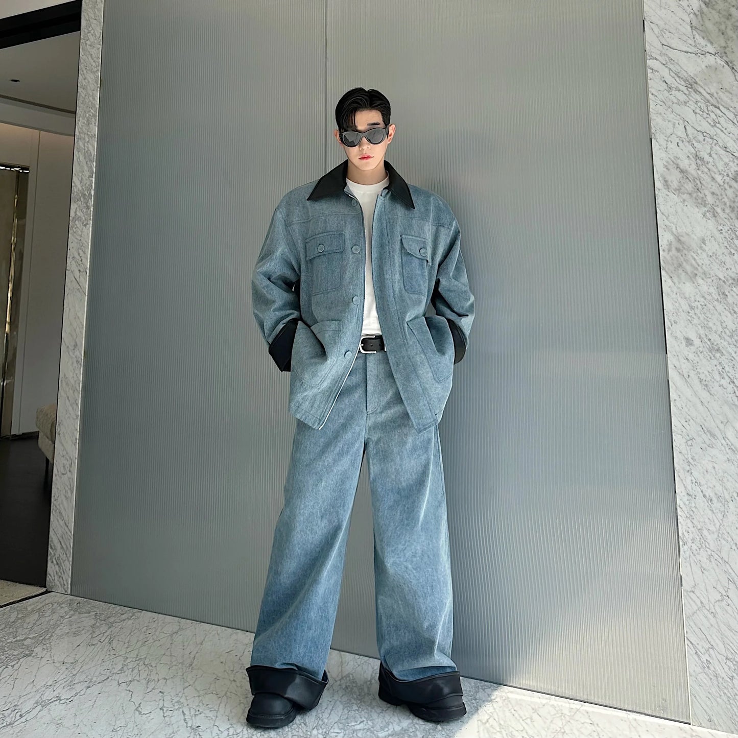 fashion show suits men streetwear washed denim splice loose casual jacket wide leg jeans pants 2 piece sets coat trousers suits unique jeans style 2630