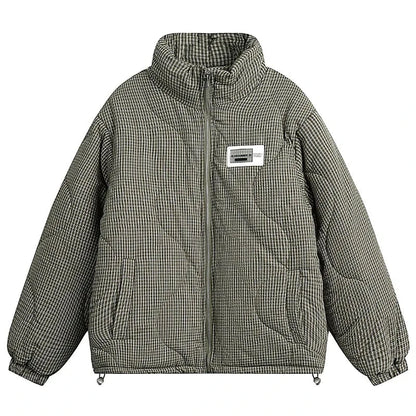 Men Winter Down Jacket Plaid Stand Collar Short Padding Coats American Retro High Street Cotton Parkas Ski Thick Couple Jackets Street King Limited