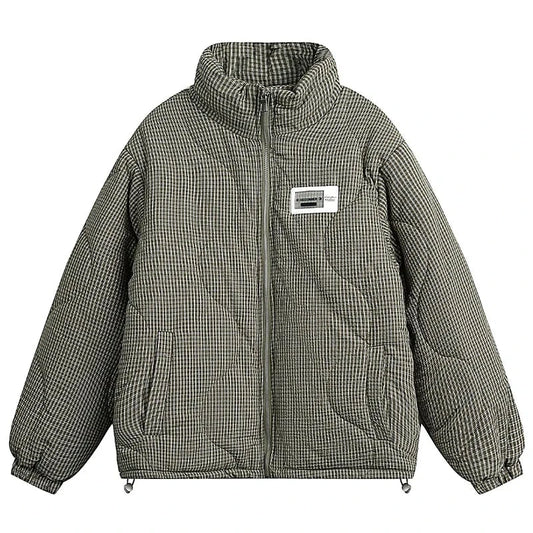 Men Winter Down Jacket Plaid Stand Collar Short Padding Coats American Retro High Street Cotton Parkas Ski Thick Couple Jackets Street King Limited