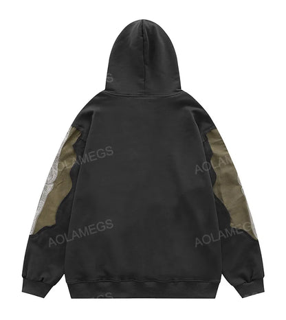 Aolamegs Men Streetwear Hip Hop Hoodie Funny Skull Ripped Patchwork Embroidery Long Sleeves Pullover Autumn Casual Harajuku Tops Street King Limited