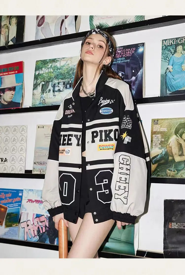 Spring and Autumn American letter printed motorcycle baseball jacket street style racing couple style goth  denim jacket women Street King Limited
