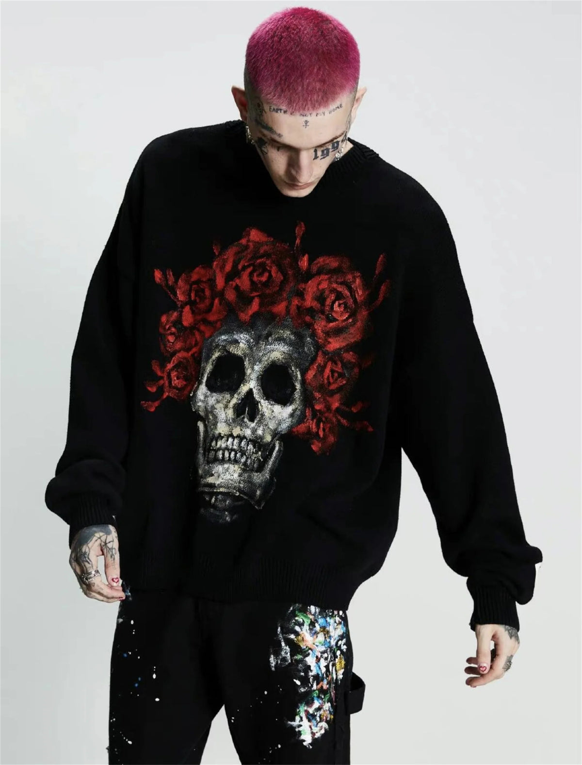 Vintage New Arrival SSSAINT LOUIS Rose Skull Hand-painted High-Street Cotton Casual Pullover Round Neck Sweater Street King Limited