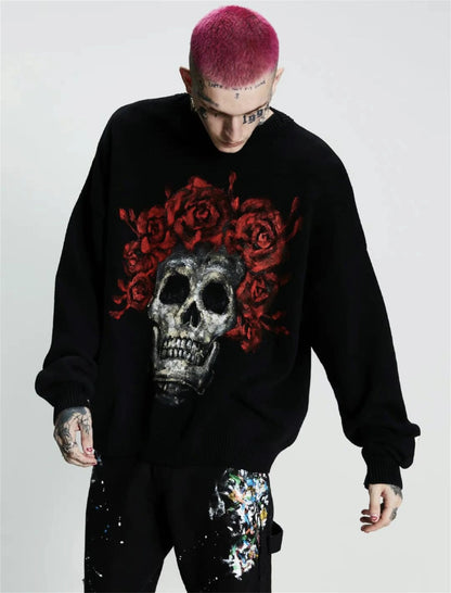 Vintage New Arrival SSSAINT LOUIS Rose Skull Hand-painted High-Street Cotton Casual Pullover Round Neck Sweater Street King Limited