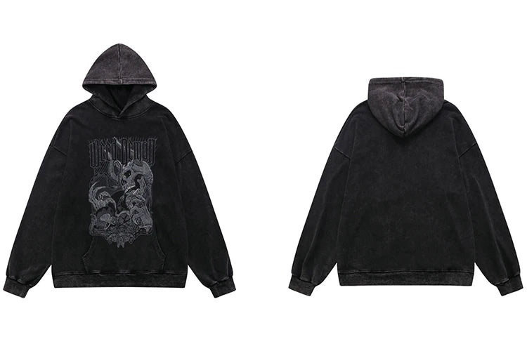 Hip Hop Streetwear Hoodie Sweatshirt Washed Vintage Devil Skull Skeleton Graphic Cotton Men Hooded Pullover Retro Punk Hoodie Street King Limited