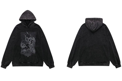 Hip Hop Streetwear Hoodie Sweatshirt Washed Vintage Devil Skull Skeleton Graphic Cotton Men Hooded Pullover Retro Punk Hoodie Street King Limited