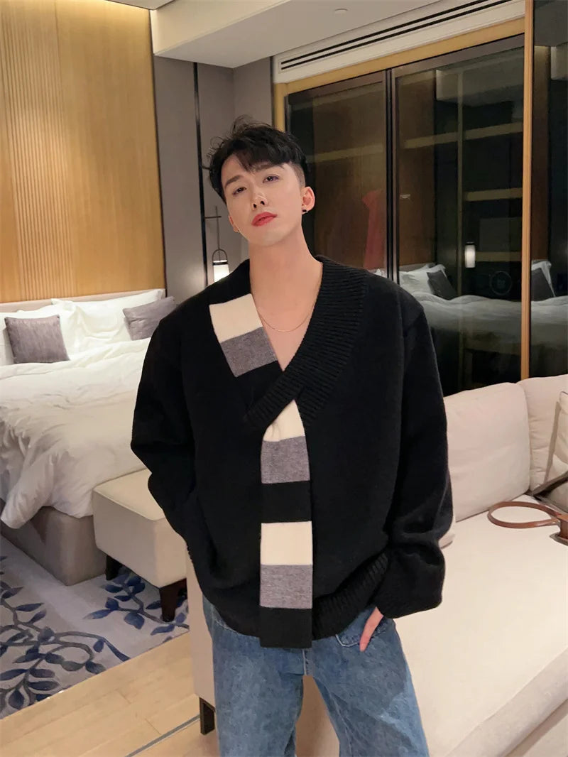 New Men's Scarf Collar Striped V-neck Sweater Female Long Sleeve Autumn Knitted Jumpers Korean Fashion Y2K Patchwork Knitwear Street King Limited