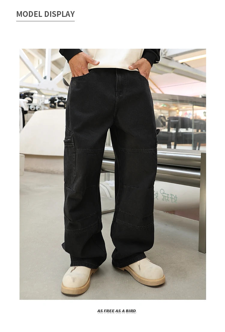 men american streetwear fashion loose casual hip hop wide leg black denim baggy jeans pants man y2k cargo jeans trousers unique cargo style 2217