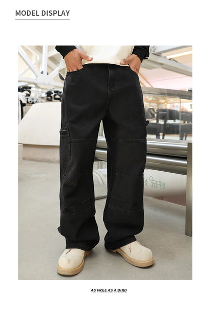 men american streetwear fashion loose casual hip hop wide leg black denim baggy jeans pants man y2k cargo jeans trousers unique cargo style 2217