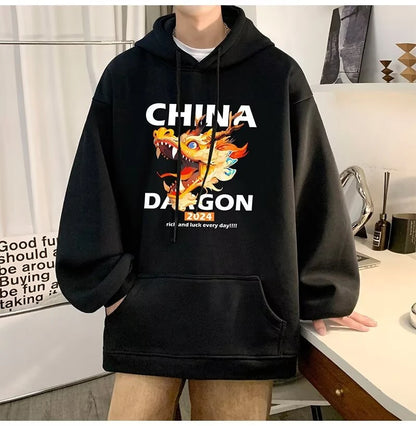 2024 New China Dragon Graphic Hoodies Men Hip Hop Streetwear Hoodie Sweatshirt Harajuku Fleece Printed Pullover Hoody Clothes Street King Limited