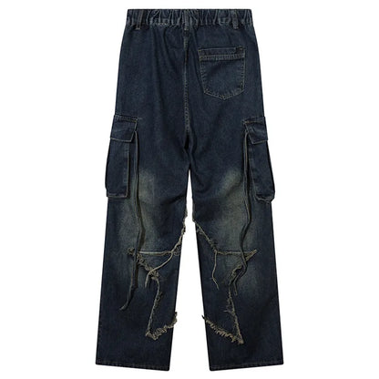 Men Casual Jeans Stitch Star Raw Edge Cargo Pants Y2K High Street Denim Trouser American Vintage Straight Baggy Jeans Unisex Street King Limited