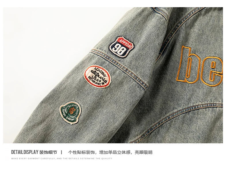 high street vintage washed denim jacket men american style embroidery label stand collar ruffian handsome motorcycle jeans coats unique jeans style 5392