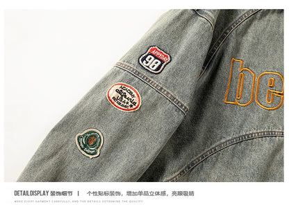 high street vintage washed denim jacket men american style embroidery label stand collar ruffian handsome motorcycle jeans coats unique jeans style 5392