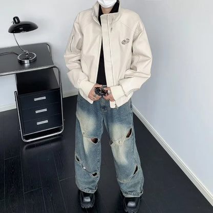 punk leather jacket mens spring standing collar trendy high street coats y2k streetwear hip hop motorcycle outwear 2024 new unique default style 2234