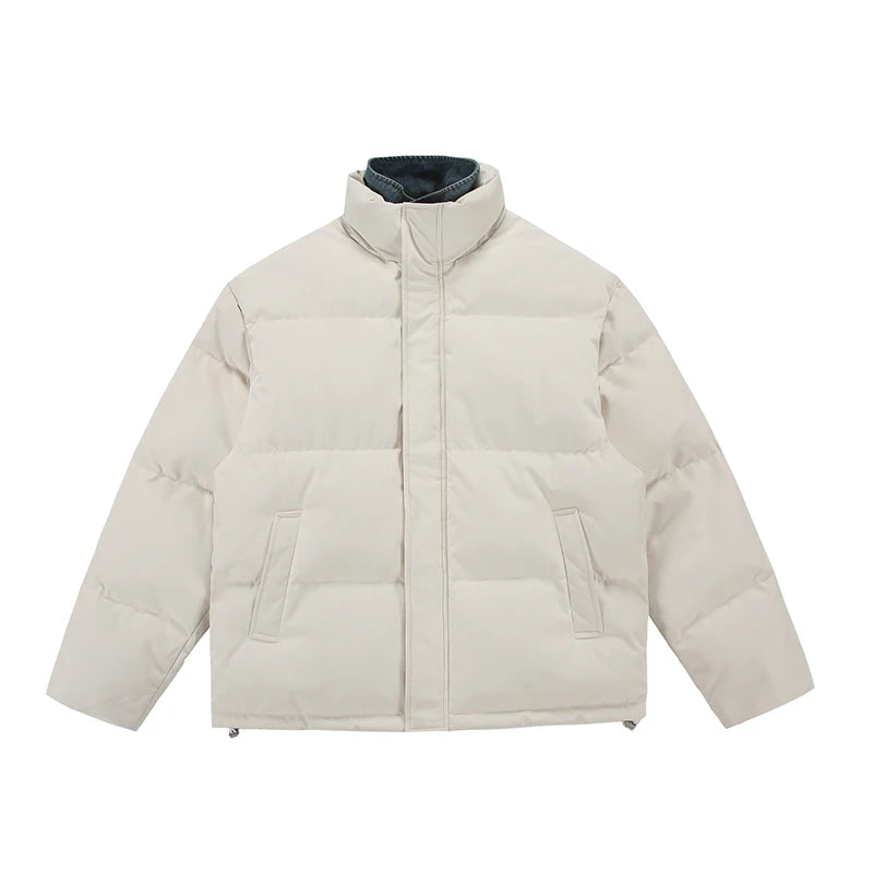 Winter Splice Denim Cotton-padded Jacket Men Women Stand Collar Fashion Loose Casual Thicken Warm Parkas Jacket Boyfriend Coat Street King Limited