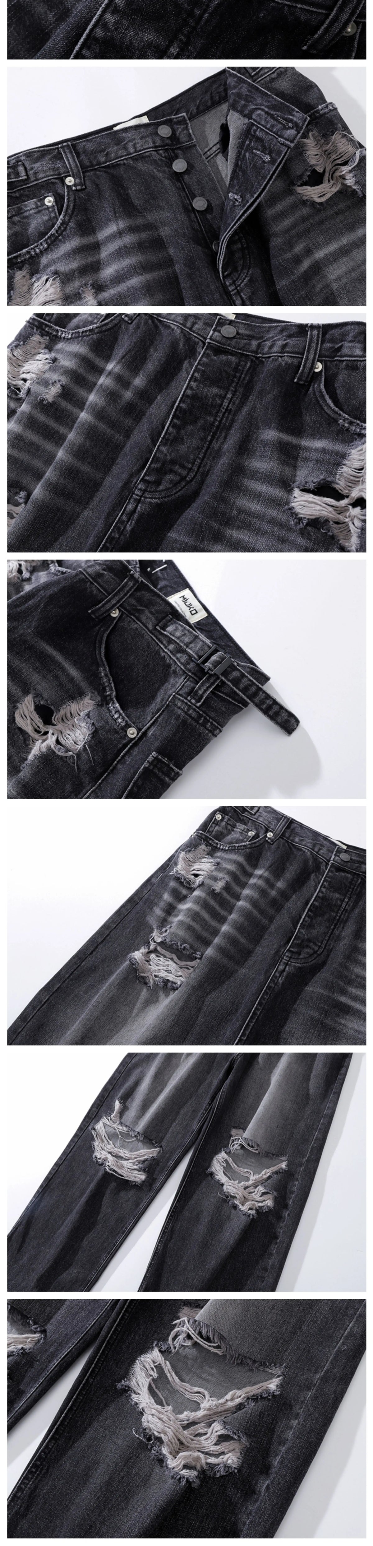 baggy damaged heavy industry washed jeans pants vibe loose casual silhouette straight worn pants knee ripped denim trousers unique jeans style 175