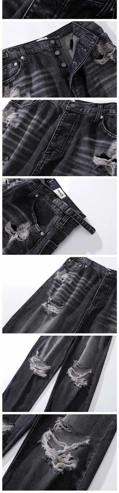baggy damaged heavy industry washed jeans pants vibe loose casual silhouette straight worn pants knee ripped denim trousers unique jeans style 175